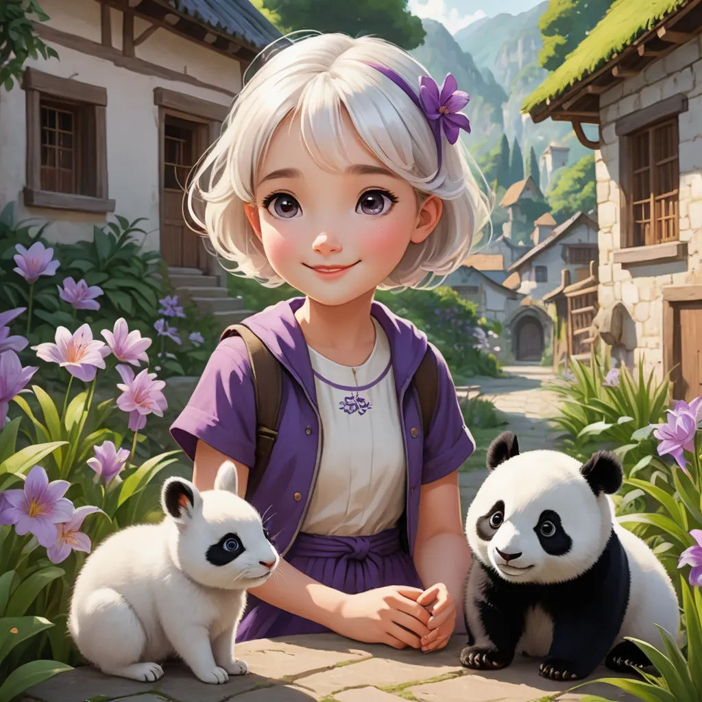 a girl sitting next to two panda bears in a garden of flowers and plants with a house in the background, fantasy art, a character portrait, Chen Hong, cgstudio