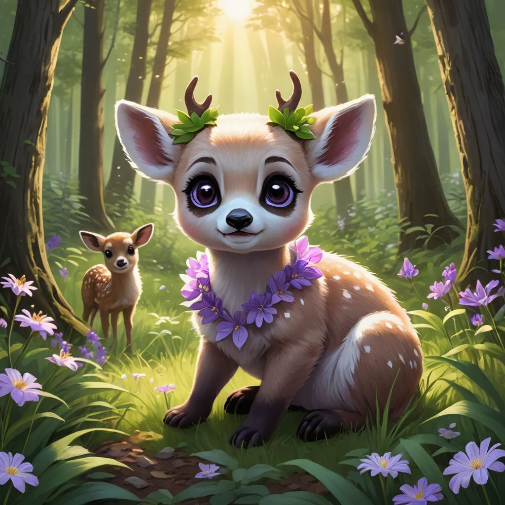 a painting of a deer and a deerling in a forest with flowers on their heads and a deer in the background, furry art, a character portrait, Daphne McClure, official art