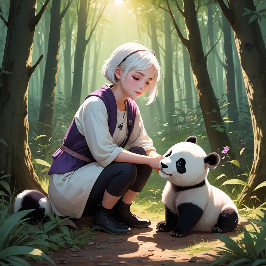 a woman kneeling down next to a panda bear in a forest with sunlight shining through the trees and leaves, fantasy art, a painting, Cynthia Sheppard, rossdraws global illumination