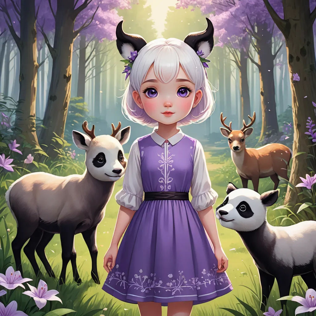a girl in a purple dress standing next to two animals in a forest with purple flowers and trees in the background, fantasy art, a character portrait, Chen Hong, character portrait