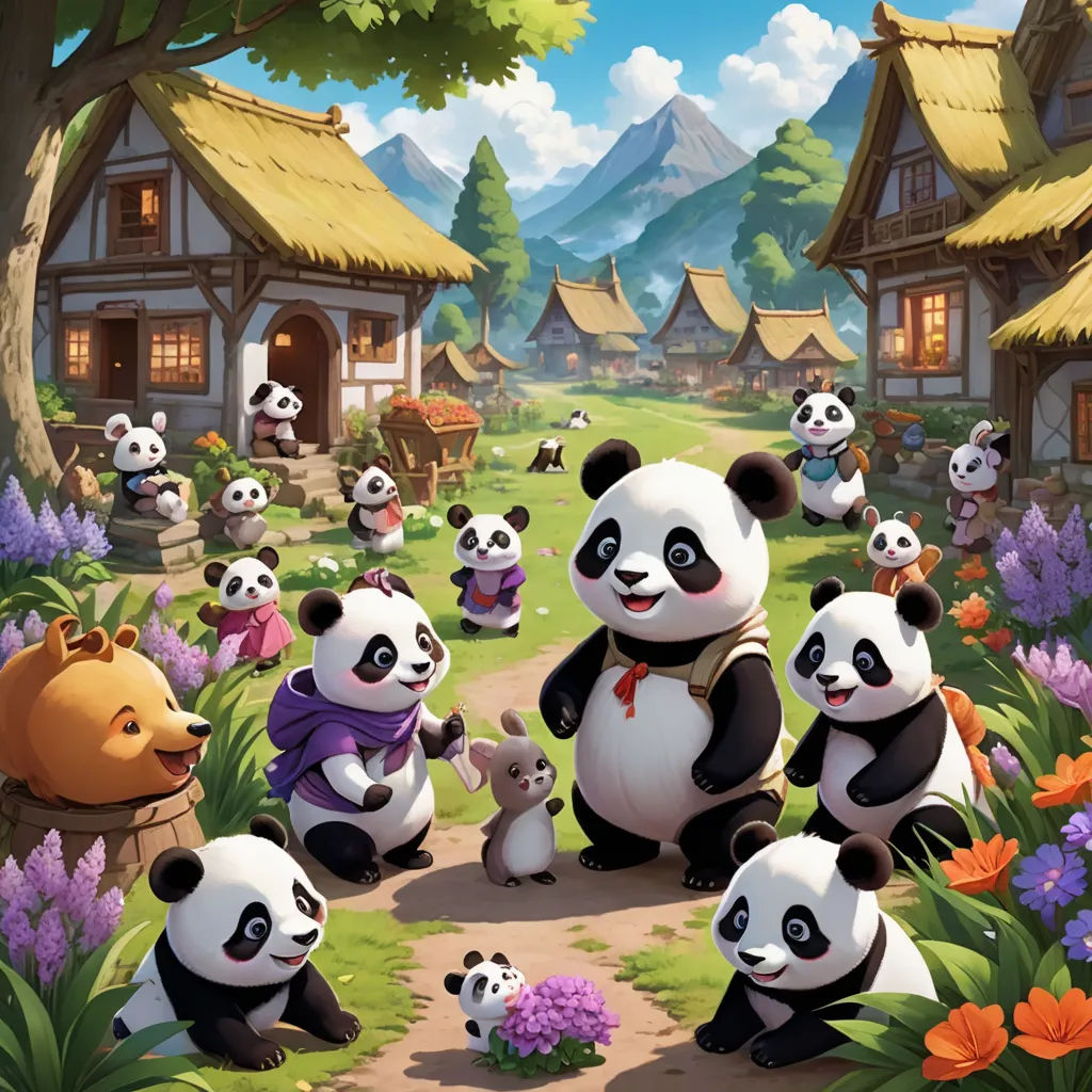a group of pandas are in a field with flowers and trees in the background, and a house with a thatched roof, fantasy art, a detailed painting, Fan Qi, official art