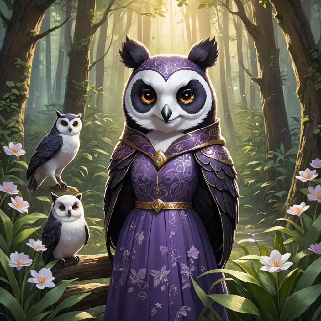 a painting of a panda and two owls in a forest with flowers and trees in the background, with a woman in a purple dress, fantasy art, a character portrait, Anne Stokes, official art