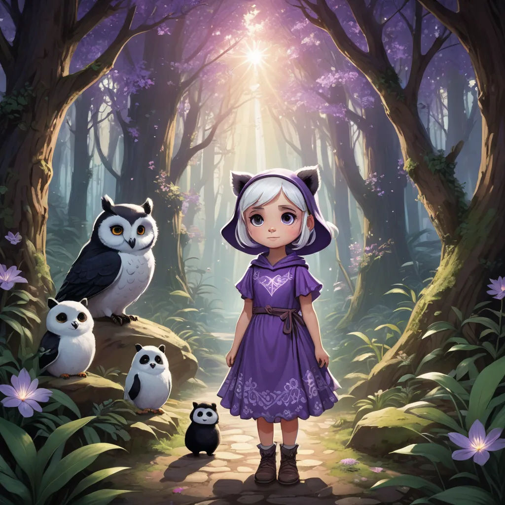 a little girl standing in the middle of a forest with pandas and owls around her and a light shining through the trees, fantasy art, a storybook illustration, Chris Rallis, official art