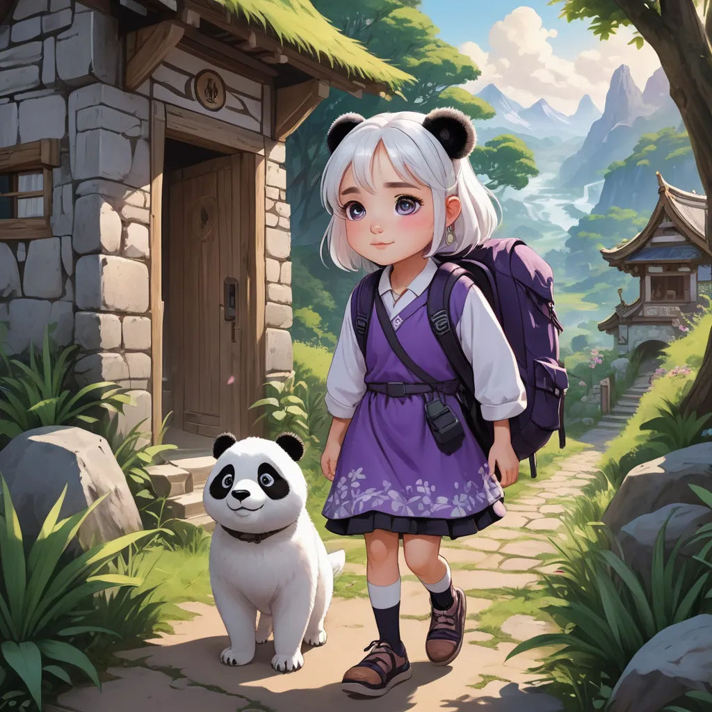 a little girl with a panda bear in a cartoon style scene with a house and a panda bear in the foreground, fantasy art, a storybook illustration, Chen Hong, trending on art station