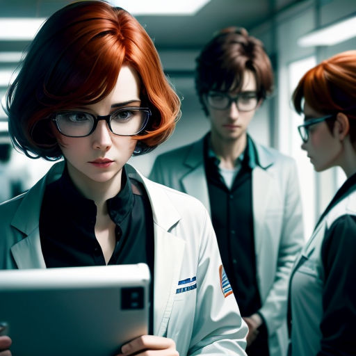 a woman with glasses looking at a tablet screen while two men look on in the background in a hospital