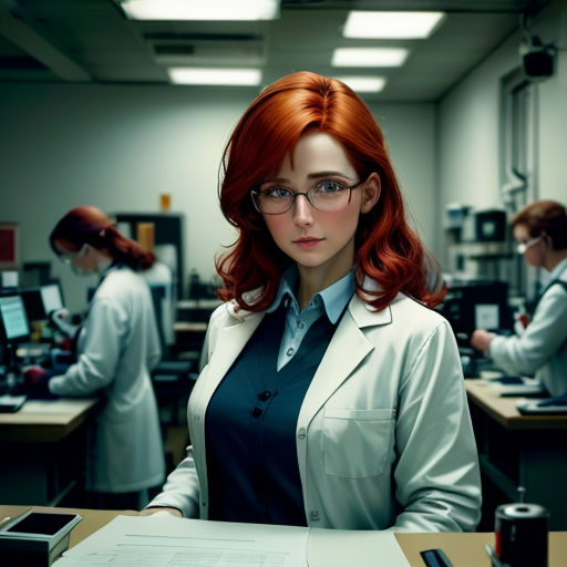 a woman with red hair and glasses standing in a lab with other people working in the background and a binder on the desk
