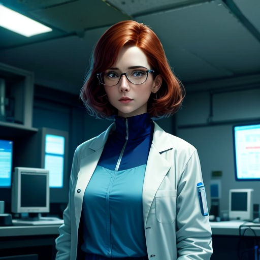 a woman in a blue shirt and glasses standing in a room with computer monitors and monitors on the wall