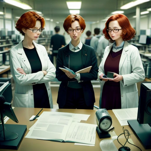 three women in a room with a desk and a clock and a clock on the table and a clock on the wall