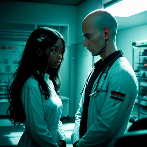 a man and a woman standing in a room with a light on them and a machine in the background