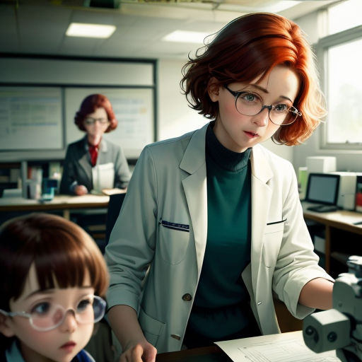 a woman in a lab coat and glasses looking at a piece of paper with a boy in a suit