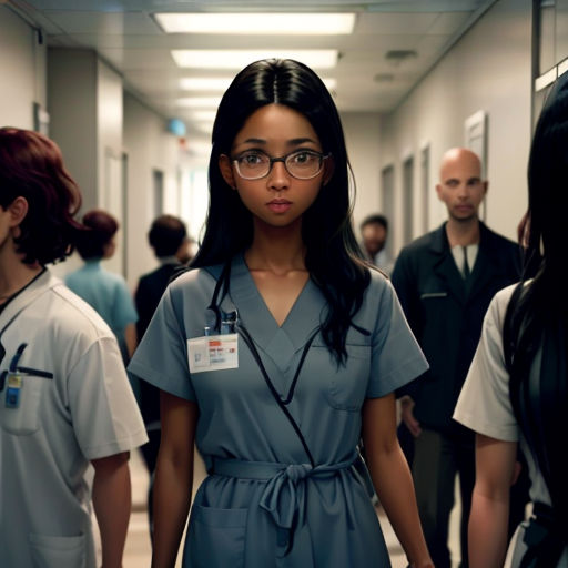 a woman in a hospital gown standing in a hallway with other people in the background and a man in a suit