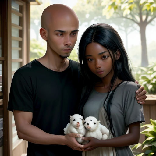 a man and woman holding three small white puppies in their hands, in front of a tree and a building