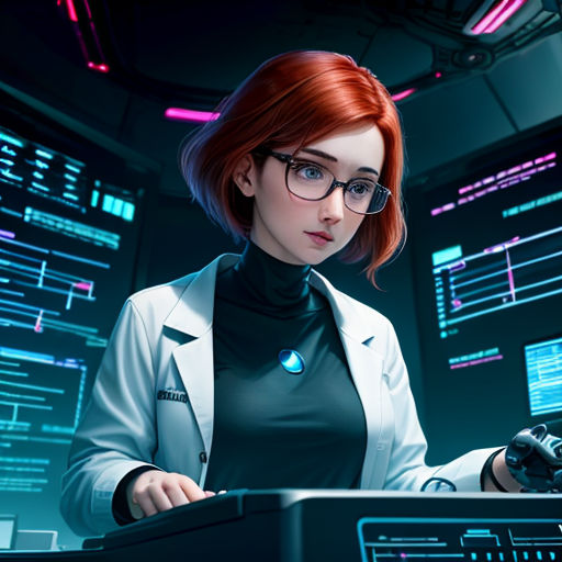 a woman in a white coat and glasses is using a computer screen with a keyboard and mouse in front of her