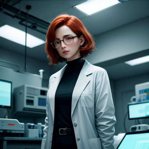 a woman in a lab coat standing in front of a computer screen and monitor screen with a monitor screen behind her