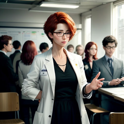 a woman in a white lab coat standing in front of a group of people in a classroom with a laptop