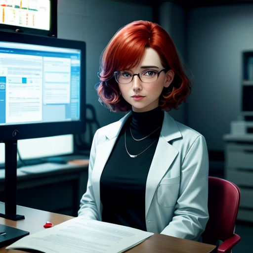 a woman with red hair sitting at a desk in front of a computer monitor and a laptop computer with a monitor screen behind her