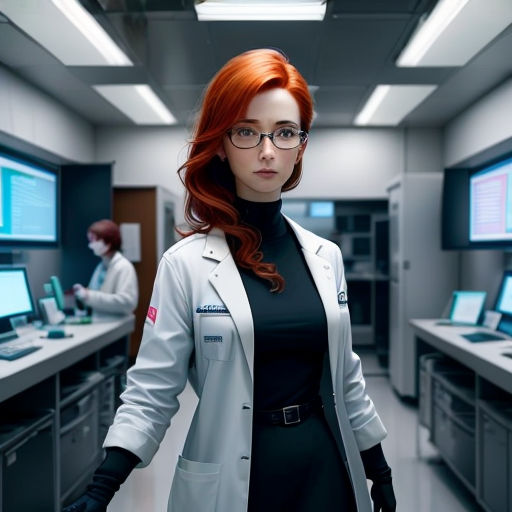 a woman in a lab coat standing in front of a row of computer monitors in a room with a woman in a black dress