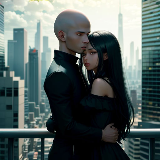 a man and woman standing next to each other in front of a city skyline with skyscrapers and clouds
