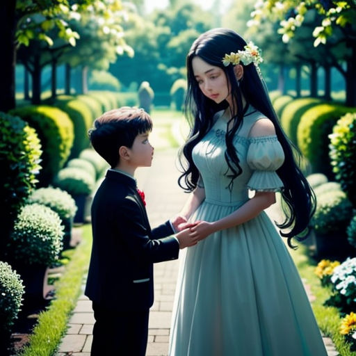 a boy and a girl in a garden with flowers and trees in the background, one of them is holding the hand of the other