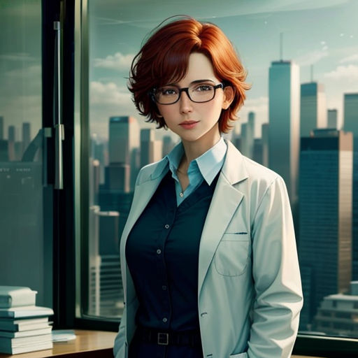 a woman in glasses standing in front of a window with a city view behind her and a cityscape in the background