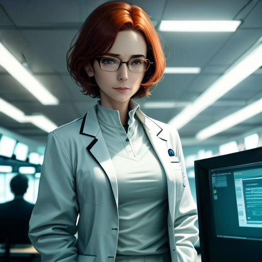 a woman in a suit and glasses standing in front of a computer screen in a room with many windows