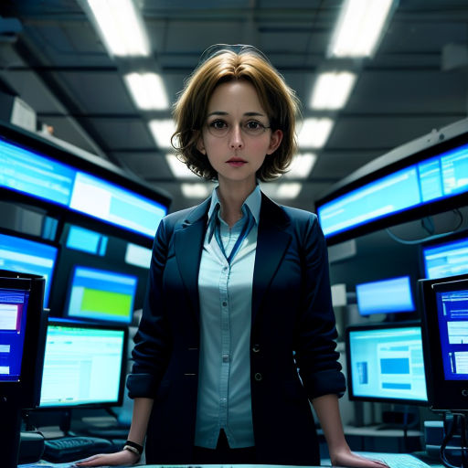 a woman standing in front of a bunch of monitors in a room with lights on the ceiling and a lot of monitors on the wall