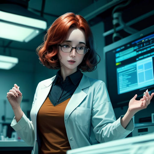 a woman in a lab coat is holding out her hands in front of a computer screen and a monitor