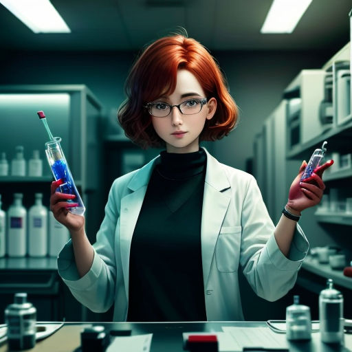 a woman holding a test tube and a tube of liquid in her hands in a laboratory with lots of bottles