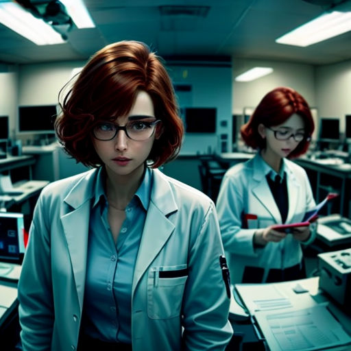 two women in a lab with computers and monitors in the background, one of them is wearing glasses and the other is wearing a blue shirt