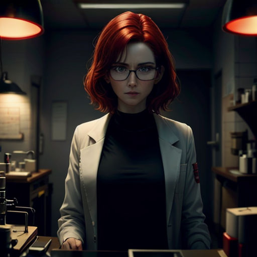 a woman with red hair and glasses standing in a kitchen next to a counter top with a light on
