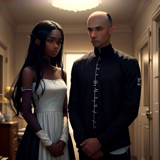 a man and a woman standing in a hallway together, one of them is wearing a black and white dress