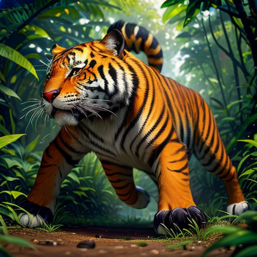 a tiger is walking through the jungle with its mouth open and eyes closed, with its mouth open, and it's head slightly slightly to the side