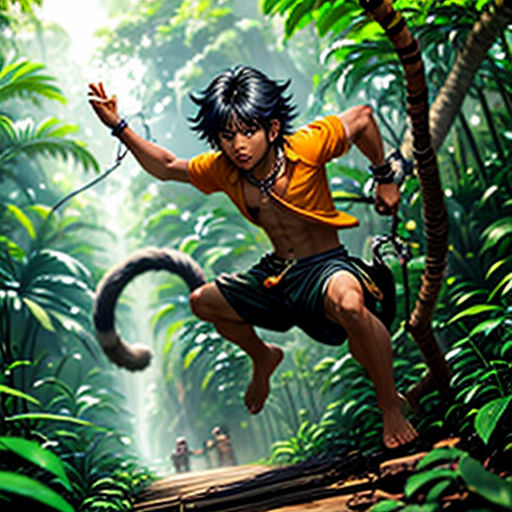 a man is jumping in the air in the jungle with a monkey on his back and a monkey on his arm