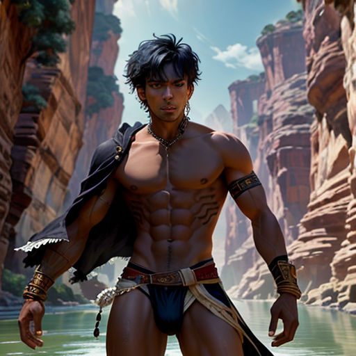 a man with a sword standing in a river in a canyon with rocks and cliffs in the background, with a cliff in the background