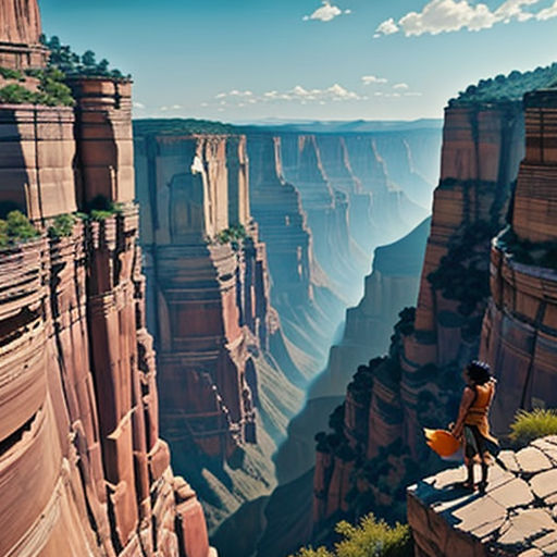 a person standing on a cliff overlooking a canyon with cliffs and cliffs in the background and a man standing on the edge