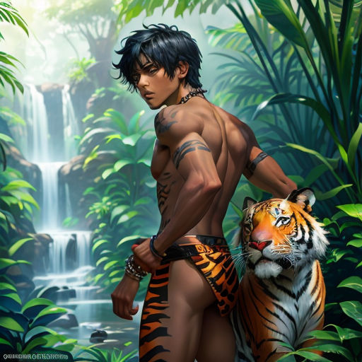 a man with a tiger on his back in the jungle with a waterfall behind him and a tiger in his hand