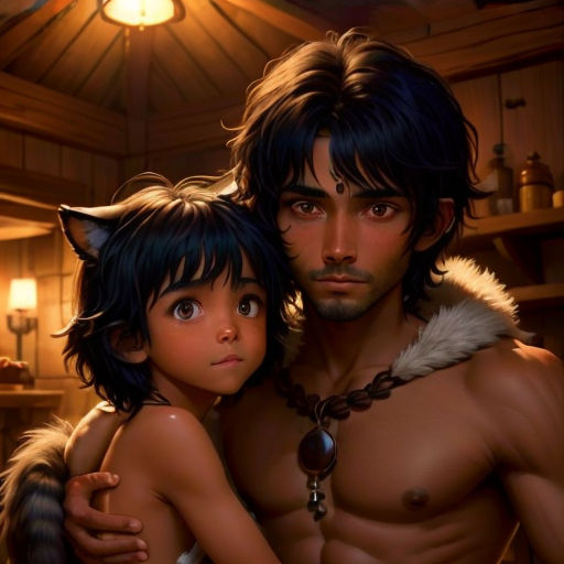 a man and a woman are in a room with a cat on his chest and a cat on his shoulder