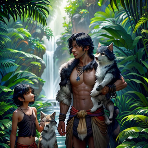 a man and a woman are standing in the jungle with a dog and cat on their shoulders and a waterfall in the background