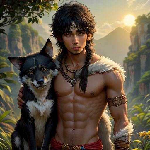 a man with a wolf on his chest and a dog on his shoulder in a jungle setting with mountains and trees