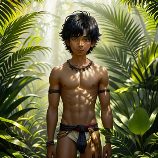 a man in a jungle with a necklace on his neck and a necklace on his chest, standing in front of a jungle