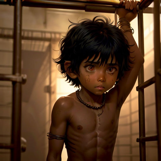 a boy with a chain around his neck and a shirtless body is standing in a jail cell area