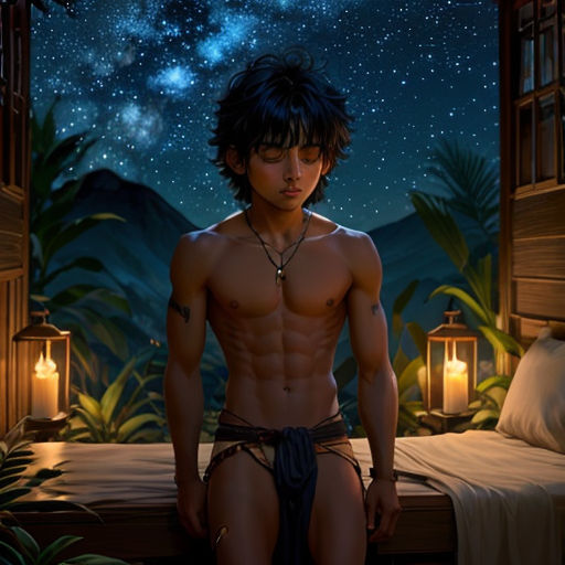a man with no shirt on standing in front of a window with a night sky in the background and a bed with a lit up window