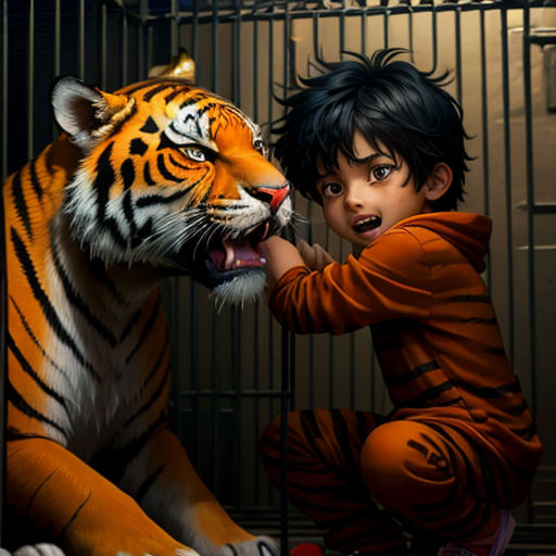 a boy is petting a tiger in a cage with a cage door behind him and a cage door behind him
