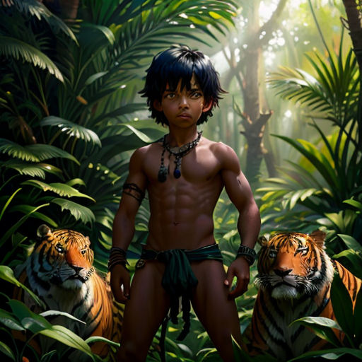 a man standing in the jungle with two tigers behind him and a jungle background with trees and leaves and a tiger