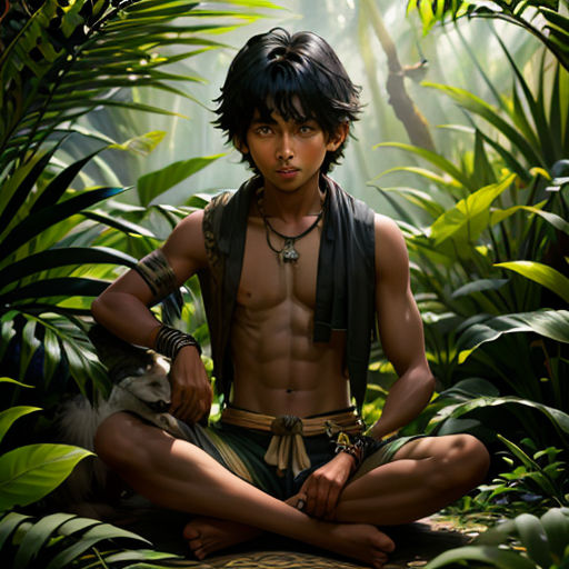 a man sitting in the middle of a jungle with a monkey on his lap and a monkey on his shoulder