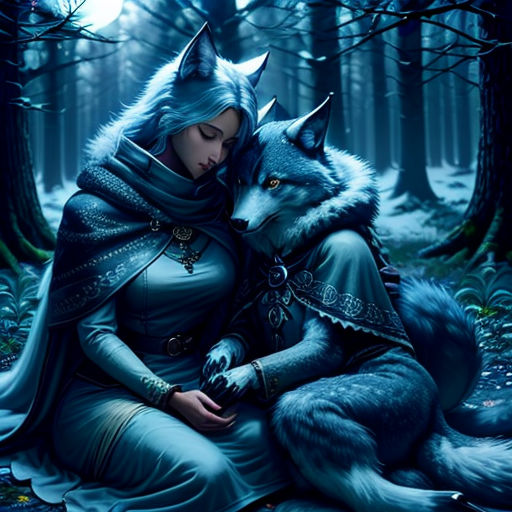 a woman in a blue dress sitting next to a wolf in the woods with a full moon behind her