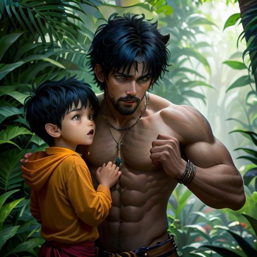 a man and a boy in a jungle with a jungle background and a jungle scene in the background, with a jungle scene in the foreground
