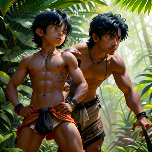 two men in the jungle with a jungle background and a jungle background with trees and plants, one of them wearing a pair of shorts