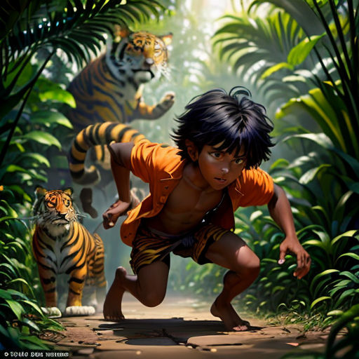 a boy running through a jungle with two tigers behind him and a tiger behind him, with a jungle background