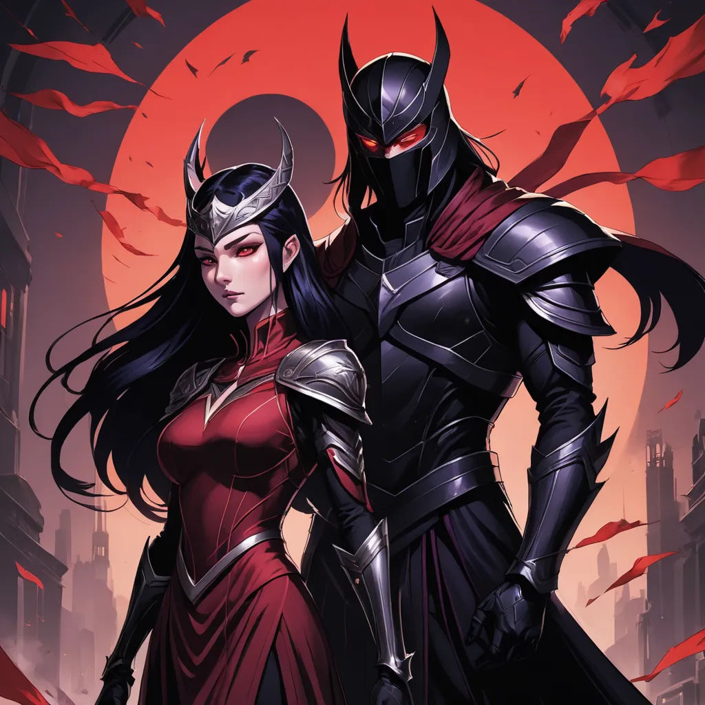 a couple of people standing next to each other in front of a red sun and a cityscape, fantasy art, concept art, Art of Brom, dark fantasy art